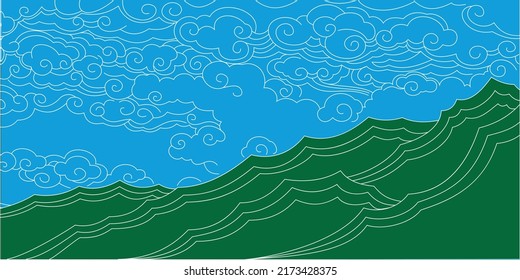 Dibujo tradicional de nubes y vectores montañosos