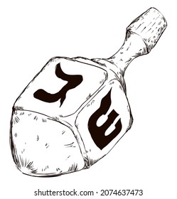 Traditional dreidel -or spinning top- in hand drawn style, to play during Hanukkah holidays in hand, design drawn style.