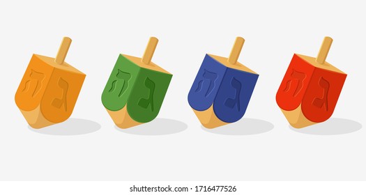 A traditional dreidel for playing during the Jewish holiday of Hanukkah. Brightly illustrated colorful vector style with rich colors: red, blue, green, orange.