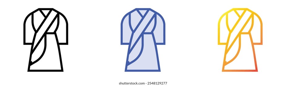 Icono de vestido tradicional. Lineal, relleno azul y diseño de estilo degradado aislado sobre fondo blanco