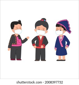 Traditional Dress Of Karen Hmong People Living In Thailand Asia Cute Flat Illustration Wearing A Mask