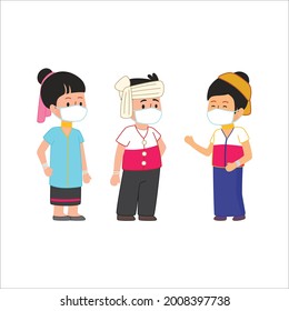 Traditional Dress Of Karen Long Neck People Living In Thailand Myanmar Asia Cute Flat Illustration Wearing A Mask