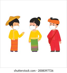 Traditional Dress Of Karen People Living In Thailand Asia Cute Flat Illustration Wearing A Mask