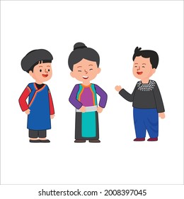 Traditional dress of Lisu Tibetan Burmese people living in Thailand Asia cute flat illustration