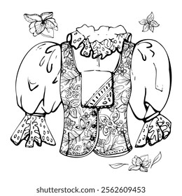 Traditional dress puff lace blouse vest of Tyrol Alps, South American female fashion, floral pattern embroidery. Hand drawn ink vector isolated illustration. Design travel, vacation, brochure, shop