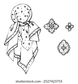 Vestido tradicional rebozo pañuelo bandana chal de moda femenina campesina sudamericana, bordado de patrón floral. Vector de tinta dibujado a mano ilustración aislada. Tienda de accesorios de taller de diseño boutique