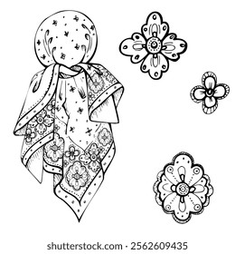 Traditional dress rebozo headscarf bandana shawl South American peasant female fashion, floral pattern embroidery. Hand drawn ink vector illustration isolated white. Design travel, vacation, brochure