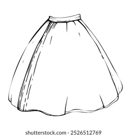 Traditional dress skirt apron of Tyrol, Alps South American peasant female fashion, flared a line silhouette. Hand drawn ink vector illustration isolated on white. Design tailor atelier, clothes shop