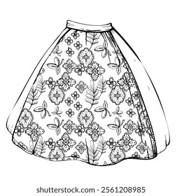 Traditional dress skirt apron of Tyrol, Alps South American peasant female fashion, floral pattern embroidery. Hand drawn ink vector illustration isolated on white. Design travel, vacation, brochure