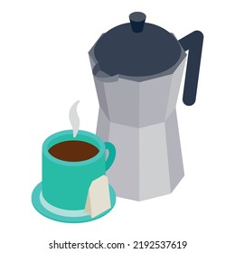 Vector isométrico del icono de bebida tradicional. Cafetera Geyser, cafetera moka, bebida caliente. Café, cultura, tradición