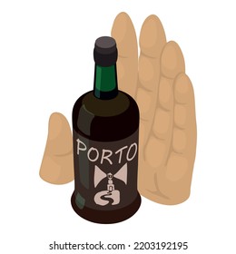 Traditional drink icon isometric vector. Bottle of porto wine in human hand icon. Portuguese beverage, history, culture