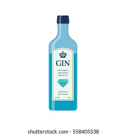 Traditional dry gin in blue bottle. Alcohol drink in flat vector style.