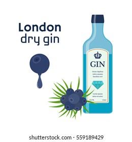 Traditional dry gin in blue bottle, juniper berries. Dry gin. Alcohol drink in flat vector style.