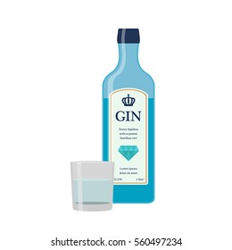 Traditional Dry Gin In Blue Bottle. Alcohol Drink In Flat Vector Style.