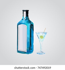 Traditional Dry Gin In Blue Bottle. Glass Gin With Green Olive. Alcohol Drink In Hand Drawn Vector Style Isolated