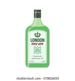 Traditional dry gin in green bottle. Alcohol drink in flat vector style.