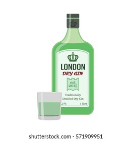 Traditional Dry Gin In Green Bottle With Glass, Shot. Alcohol Drink In Flat Vector Style.