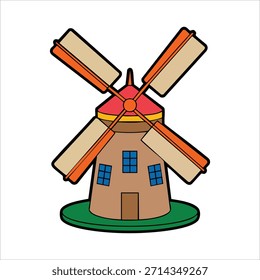 molino de viento holandés tradicional con Arte vectorial de velas giratorias aislado sobre fondo blanco