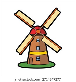 molino de viento holandés tradicional con Arte vectorial de velas giratorias aislado sobre fondo blanco