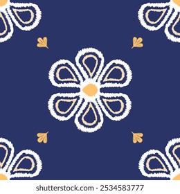 Traditional Dye Embroidery Hand Weaves Seamless Pattern Homespun Vector. Blossom and Leaves hand made draw. Ethnic Blooms. Blue white YellOw Japanese style Fireworks Summer Decoration. Less is more.