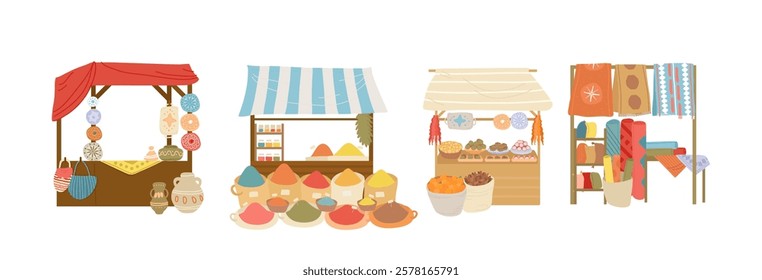 Traditional east market, street bazaar stalls with food, spicy seasoning, carpet, pottery souvenir products cartoon set. Eastern souk building with awning offering oriental goods vector illustration