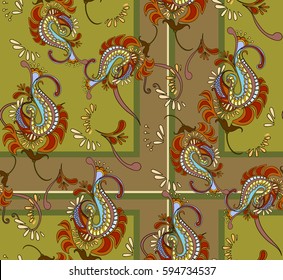 Traditional east seamless drawing peyslinsky of a scarf. Ancient decorative flower ornament on a dark background, of ornament for fabric, packing paper, the map, the invitation.