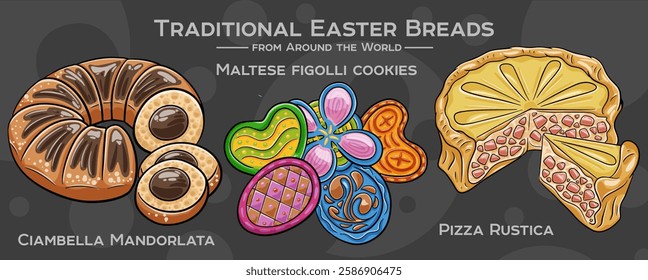 Traditional easter bread from around the world. A collection of hand-drawn vector illustrations.