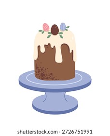 Pan tradicional de Pascua o panettone con glaseado azucarado, decorado con Pequeños huevos de chocolate y hojas verdes en un soporte azul. Ilustración del kulich kake de Pascua aislado en blanco.