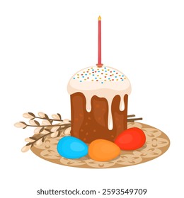 Traditional Easter cake with candle and painted eggs, Orthodox Easter celebration concept, flat vector illustration.