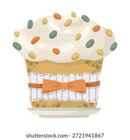Traditional Easter cake with colorful sprinkles and decorations, vector illustration. Hand-drawn festive bread on a plate, isolated on a white background, for religious holiday and spring design.