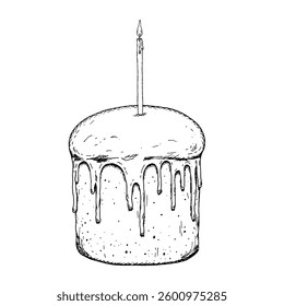 Traditional Easter cake with icing and single candle, hand-drawn in ink. A perfect addition to festive illustrations, food-related branding and packaging. Ideal for culinary projects and designs