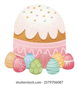 Traditional Easter cake with icing and sprinkles surrounded by decorated eggs in various colors and patterns. Easter celebration design for greeting card, invitation, poster. Vector illustration.