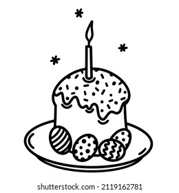 Traditional Easter cake, painted eggs on a plate. Hand drawn vector icon isolated on white backdrop. Spring dessert with icing, sprinkles, burning candle. Simple monochrome doodle, outline