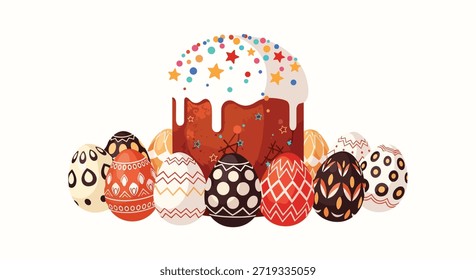 Pastel tradicional de Pascua con glaseado blanco y chispas rodeadas de muchos huevos decorados con diferentes patrones.