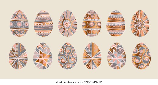 Traditional Easter egg hand drawn decor in modern pale rose and gray color. Spring eggs set in folk peasant style for surface design. vector illustration.