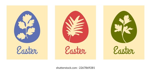 Traditional easter eggs coloring with leaves, set of drawing for illustration, logo, banner, print and web