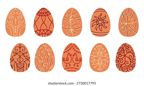 Traditionelle Ostereier-Illustration mit Volksverzierungen. Dekorative Pysanka und Krashanka inspiriert von ukrainischen gekratzten und bemalten Eierkunst