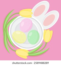 Traditional Easter food colorful painted eggs on plate and yellow tulip flowers. Happy Easter spring holiday design element, top view flat style vector illustration.