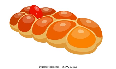 Traditional Easter Greek cuisine. Freshly baked fluffy sweet braided bread Tsoureki wint red egg. Food vector illustration on a white background.