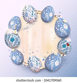 Traditional Easter greeting card with blue painted Easter eggs with floral pattern. Place for your text