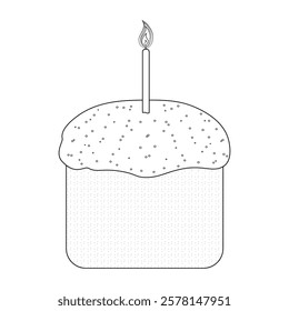 Traditional Easter kulich bread with frosting, sprinkles, and a lit candle in a black and white coloring