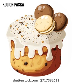 Traditional Easter Kulich Paska Bread with White Glaze, Macaroons and Colorful Sprinkles, Isolated Orthodox Festive Cake Vector Illustration