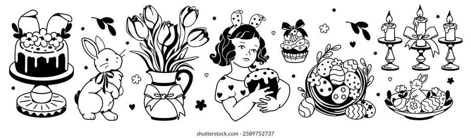 Traditional Easter monochrome graphic. Vintage vector isolated elements. Easter bakery, girl with cake, coquette spring bunny with bow tie, tulips, candles. Nostalgic cottage holiday decor