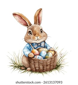 Traditional Easter rabbit sitting in the grass with colored eggs in basket vector illustration. Christian holiday symbols and congratulations text. Lettering and cartoon brooding bunny illustration