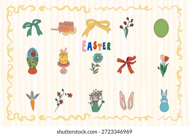 Símbolos tradicionales de Pascua y huevos decorativos para la marca del festival de primavera