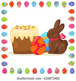 Traditional Easter treats vector illustration. Delicious Easter cake, chocolate bunny with red bow in decorative frame made of eggs isolated on white background. Spring religious holiday celebration.