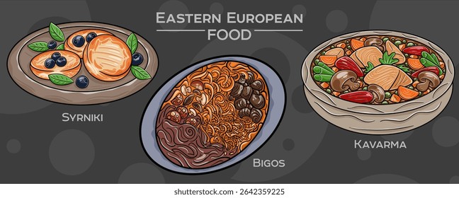 Traditional Eastern European Cuisine: Hand-drawn vector set of popular dishes on a dark background