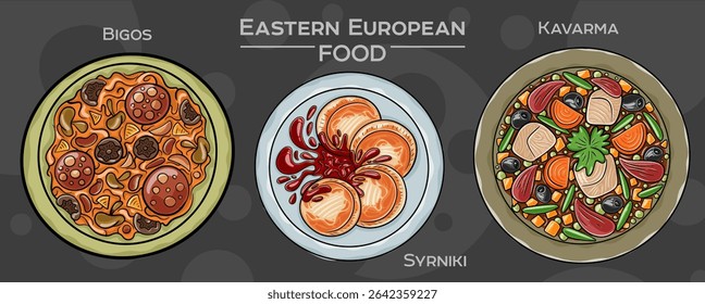 Traditional Eastern European Cuisine: Hand-drawn vector set of popular dishes on a dark background