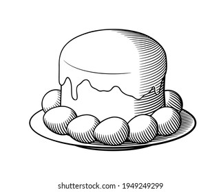 Traditional eastern European Easter cake kulich in a plate with dyed eggs. Black and white retro style vector illustration