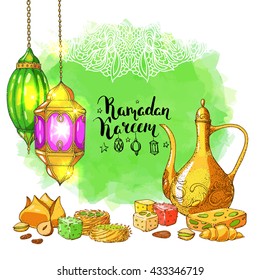 Traditional eastern halal food. Vector watercolor background. Islamic bakery and teapot. Arabic lanterns. Greeting Ramadan card. Lace ornament. Sweets.